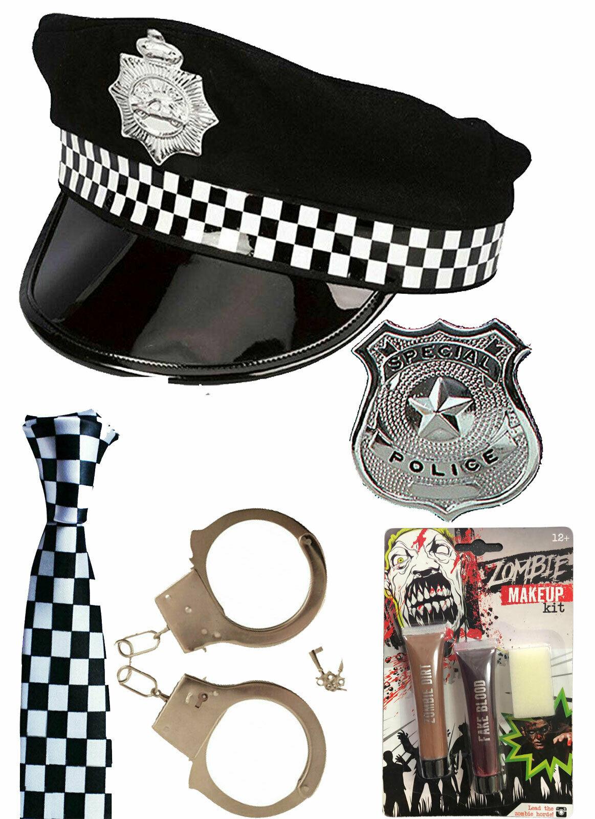Zombie Police Man Hat, Tie, Cuffs, Badge, Make-Up - Halloween Fancy Dress Party Set" - Labreeze