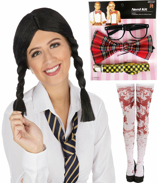 Zombie School Girl Nerd Kit Black Wig Bloody Stocking Halloween Fancy Dress Set - Labreeze