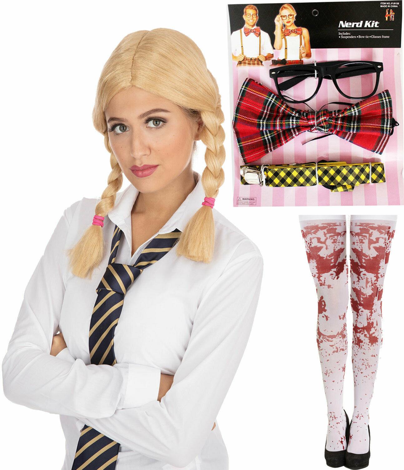 Zombie School Girl Nerd Kit Blonde Wig Bloody Stocking Halloween Party Costume - Labreeze