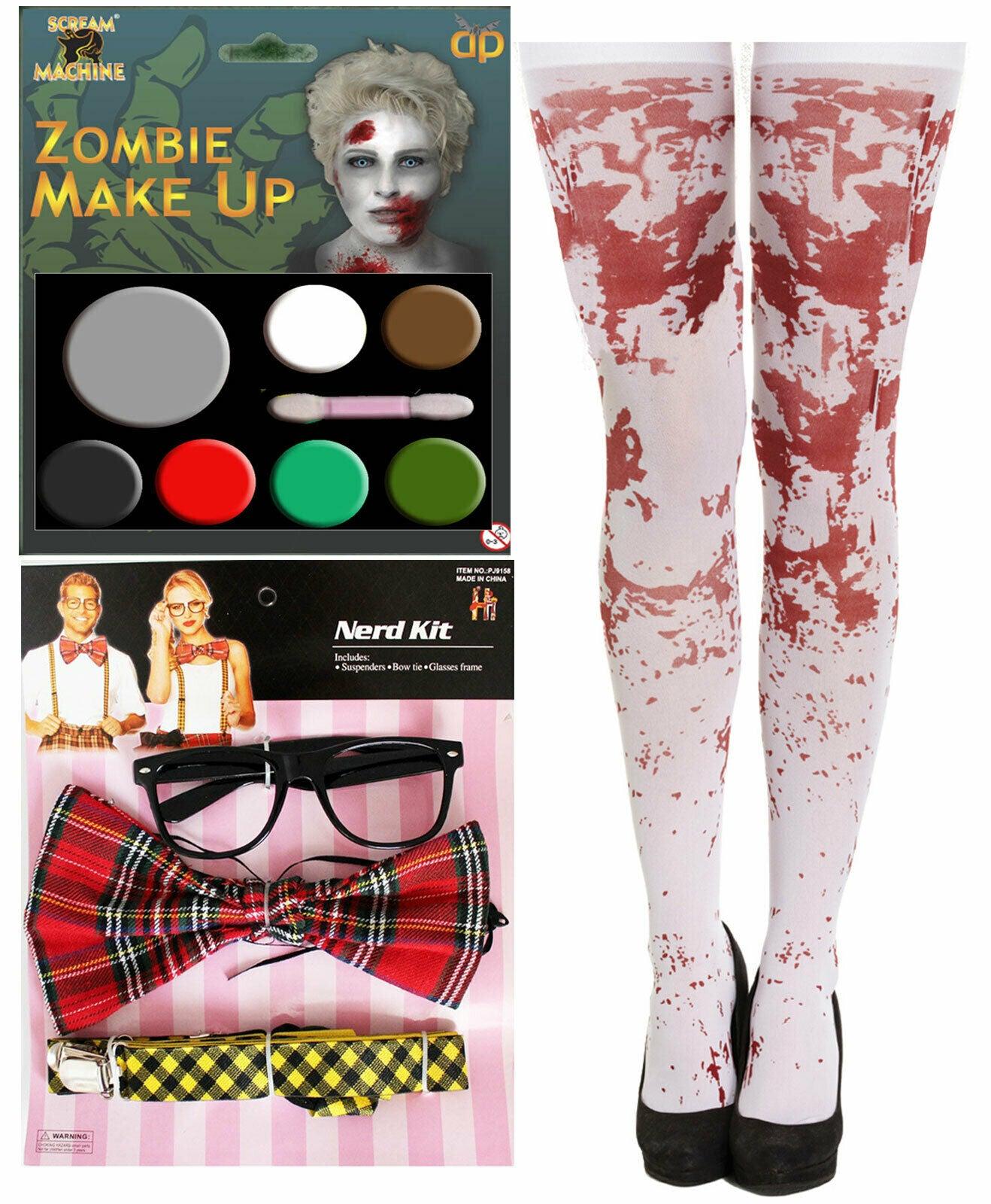 Zombie School Girl Nerd Kit Make Up Bloody Stocking Halloween Fancy Dress Set - Labreeze