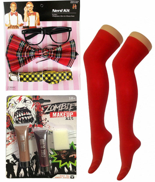 Zombie School Girl Nerd Kit Red Lycra Socks Make UP Halloween Party Costume Set - Labreeze