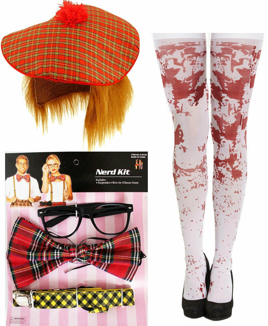 Zombie School Girl Nerd Kit Scottish Hat Stocking Halloween Fancy Dress Set - Labreeze