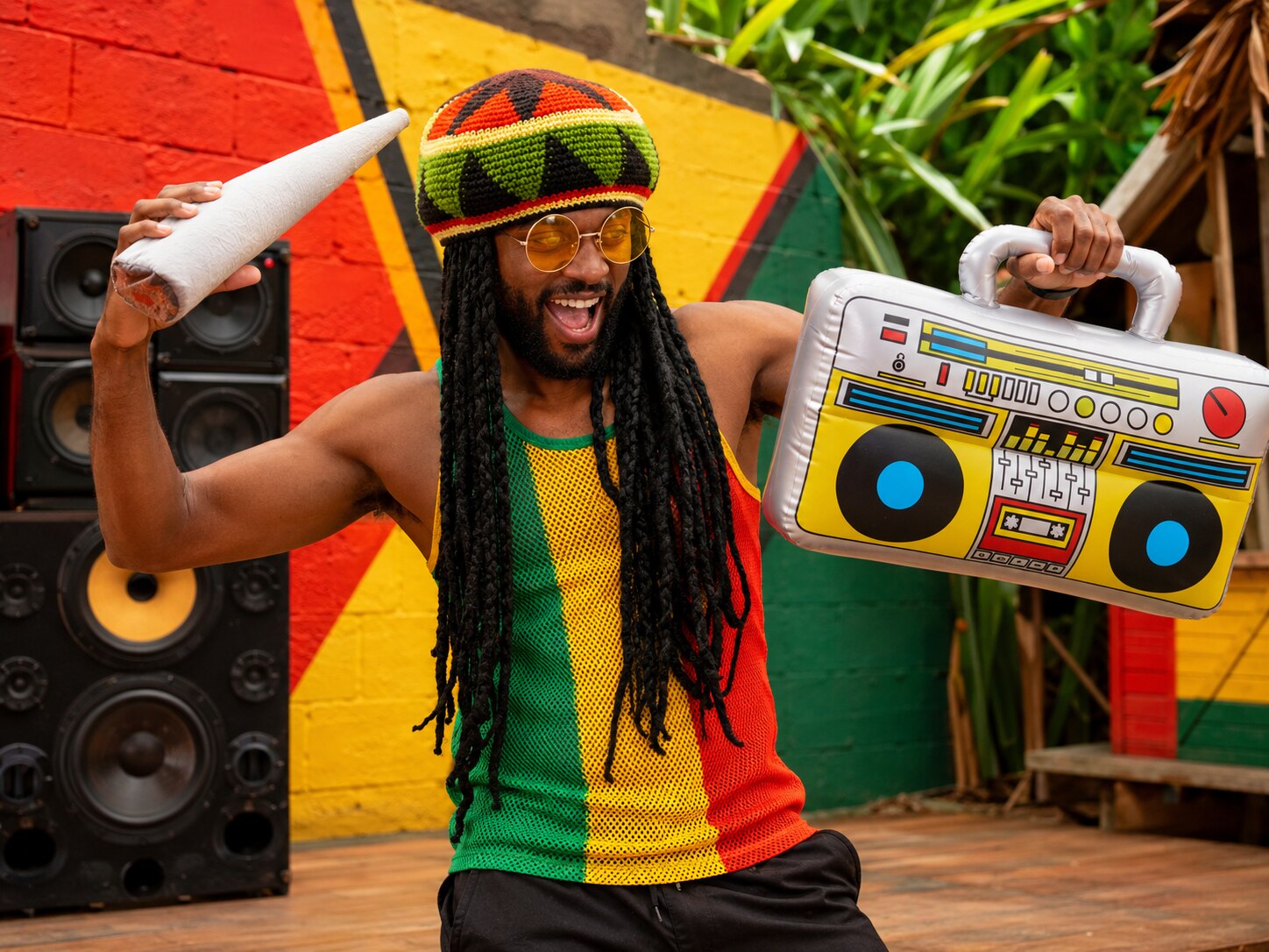 Model wearing Labreeze Jamaican fancy dress accessories