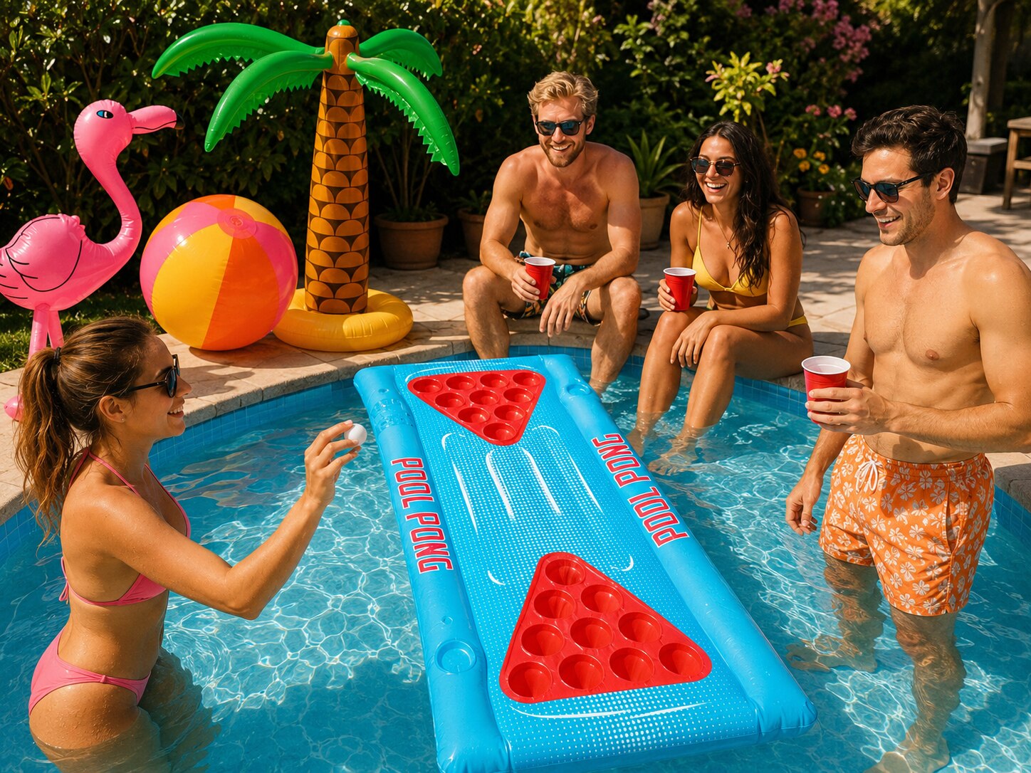 Pool party with Labreeze beer pong and tropical inflatables