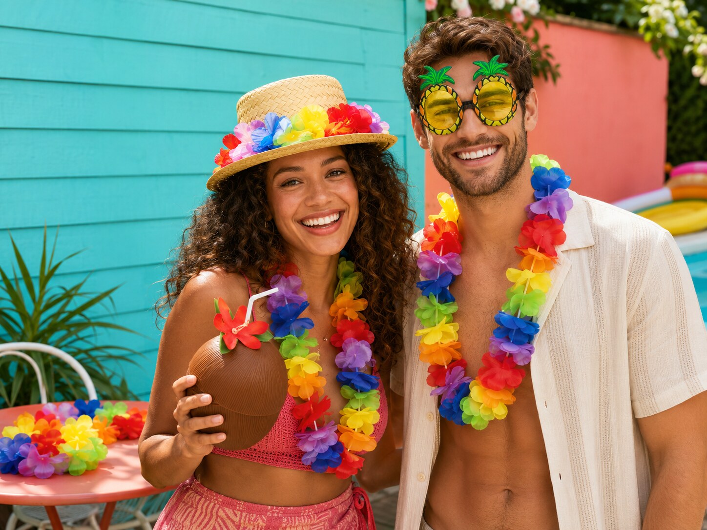 Models wearing Labreeze Hawaiian summer party accessories